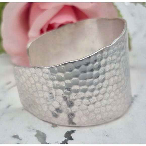 Brushed Silver Tone Hammered Wide Cuff Bracelet Brutalist Statement Piece - Picture 2 of 8